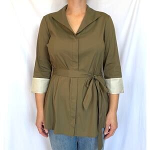 Lafayette 148 Button Up Tunic Shirt, Khaki Olive Green, 10
